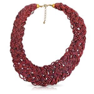 Chunky Braided Glass Seed Bead Necklace - Reds and Purples